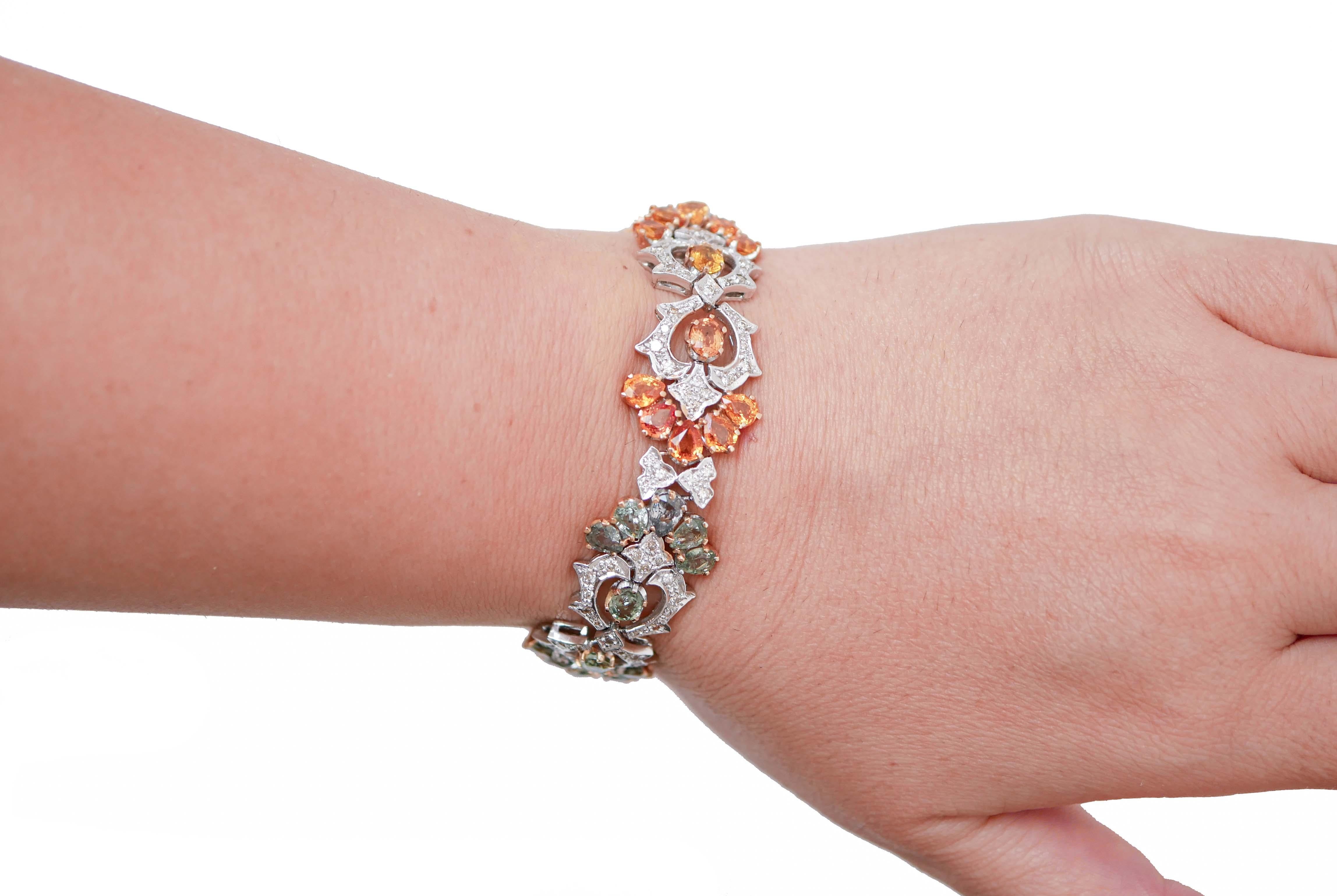Armband aus 14 Karat Weiß- und Roségold mit mehrfarbigen Saphiren und Diamanten. (Gemischter Schliff) im Angebot