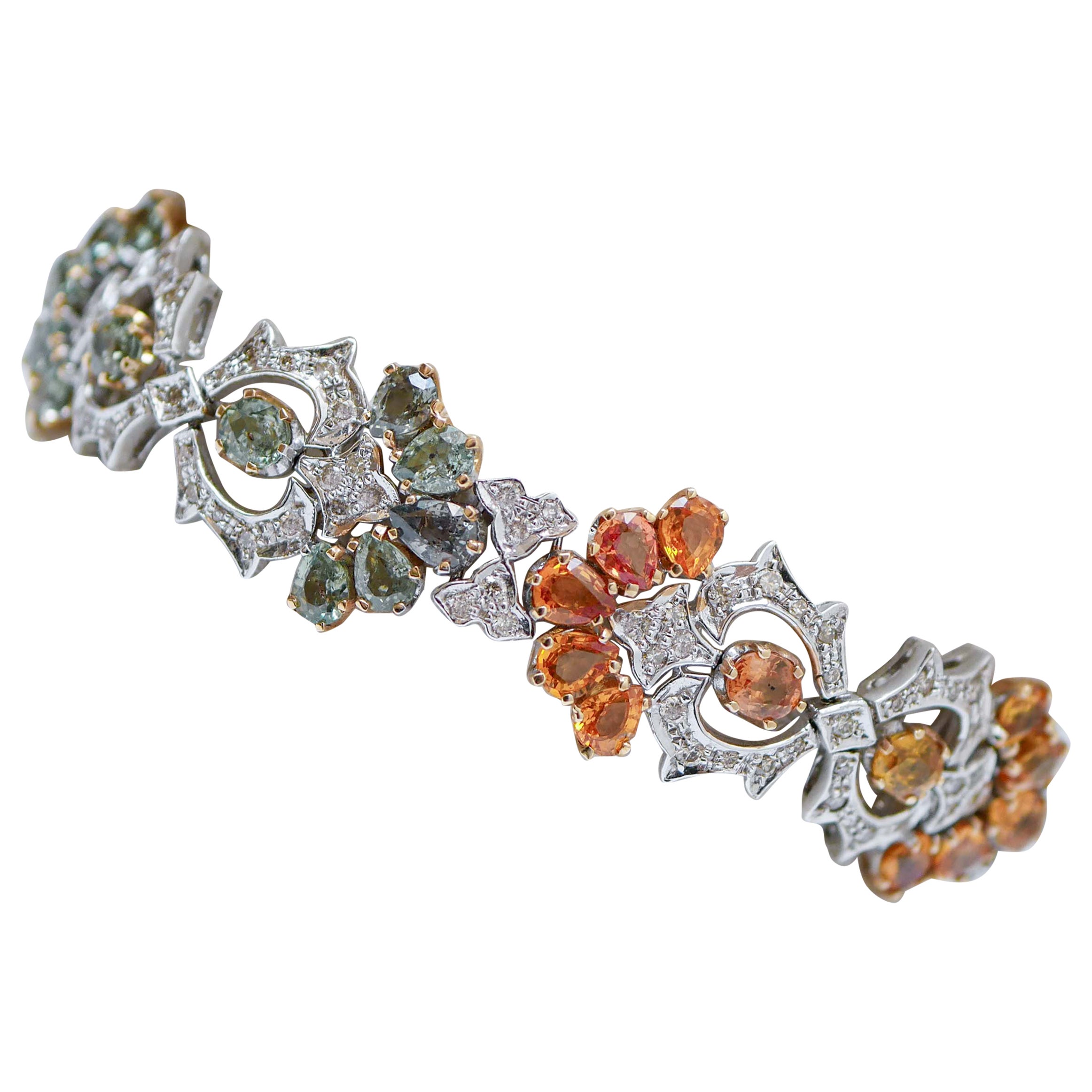 Zaffiri multicolore, diamanti, bracciale in oro bianco e rosa 14 carati.