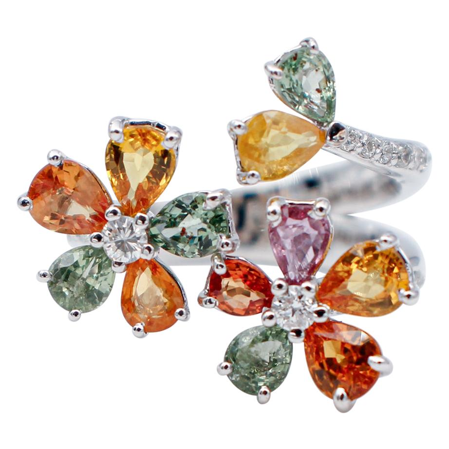 Multicolor Sapphires, Diamonds, 18 Karat White Gold Flower Ring For Sale