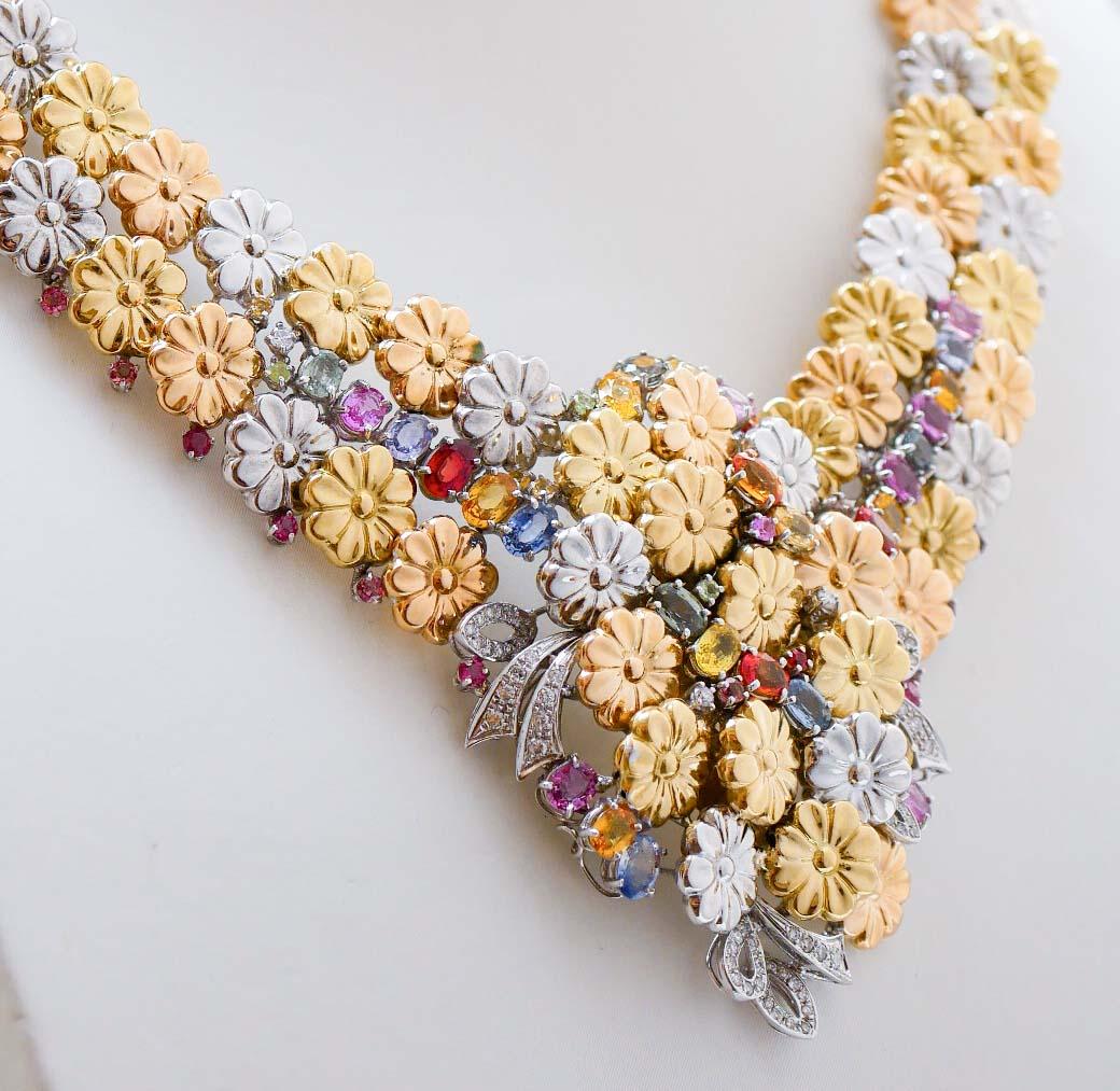 Retro Multicolor Sapphires, Diamonds, 18Kt Rose Gold, Yellow Gold, White Gold Necklace For Sale