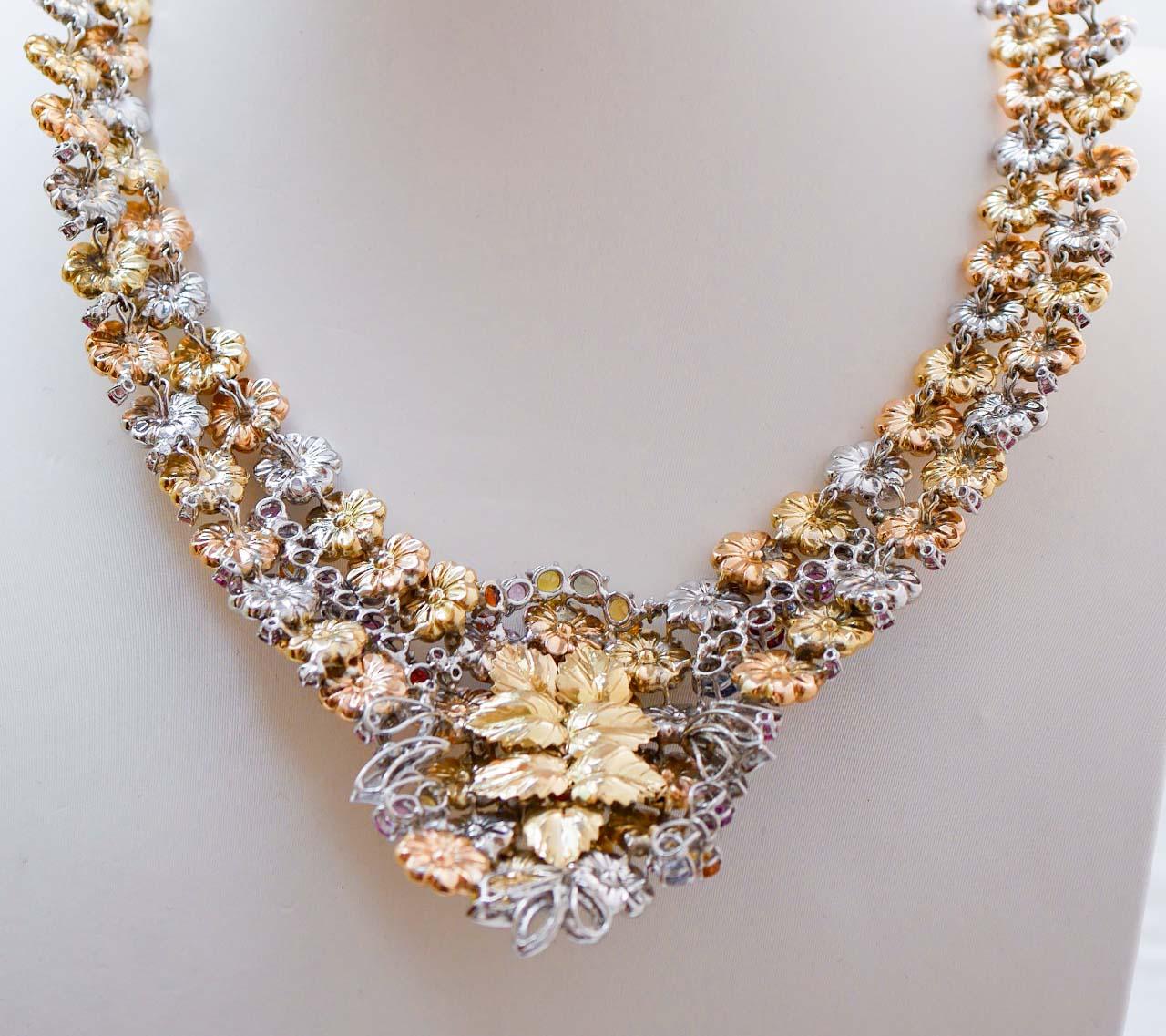 Mixed Cut Multicolor Sapphires, Diamonds, 18Kt Rose Gold, Yellow Gold, White Gold Necklace For Sale
