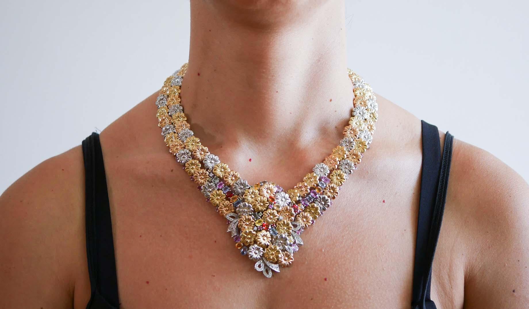Multicolor Sapphires, Diamonds, 18Kt Rose Gold, Yellow Gold, White Gold Necklace In Good Condition For Sale In Marcianise, Marcianise (CE)