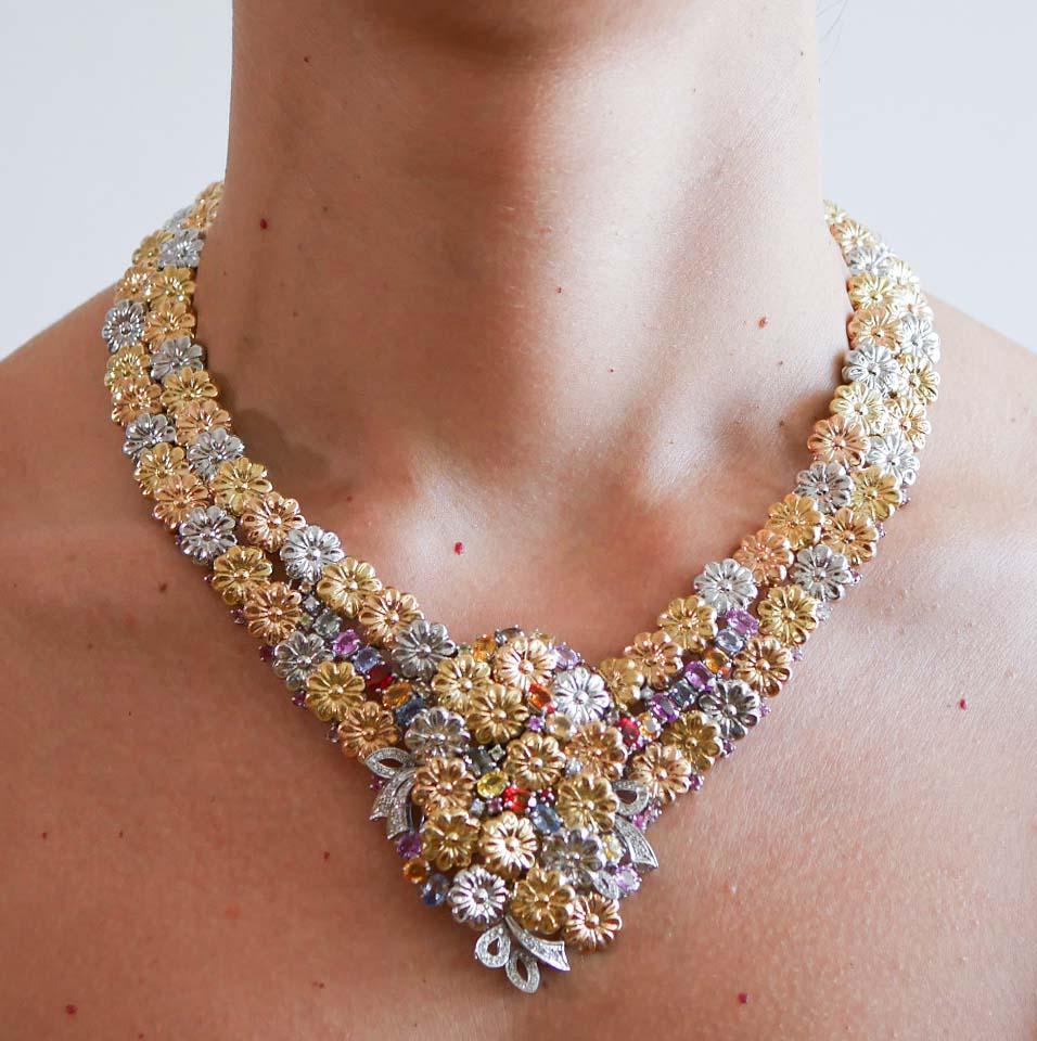 Women's Multicolor Sapphires, Diamonds, 18Kt Rose Gold, Yellow Gold, White Gold Necklace For Sale