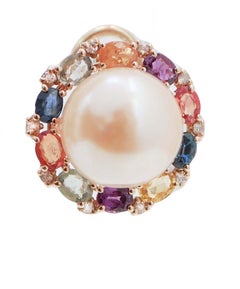 Multicolor Sapphires, Diamonds, Pearls, 14 Karat RoseGold Earrings.