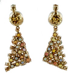 Multi-Color Sapphires, Diamonds Pearls, Rose Gold Fashion Design Dangle Earrings