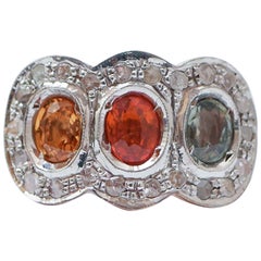 Multicolor Sapphires, Diamonds, Rose Gold and Silver Ring.