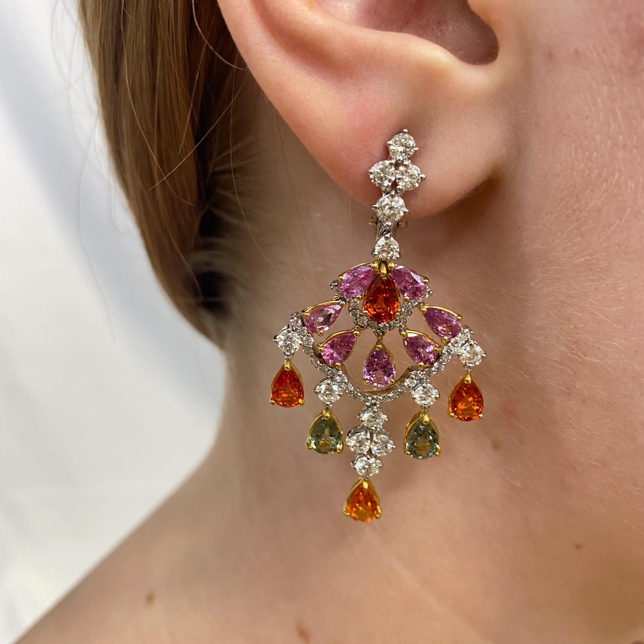 Multicolor Sapphires 
10.50 Carats With Diamonds 3 Carats F/VS 
18K Gold
Dangle Earrings