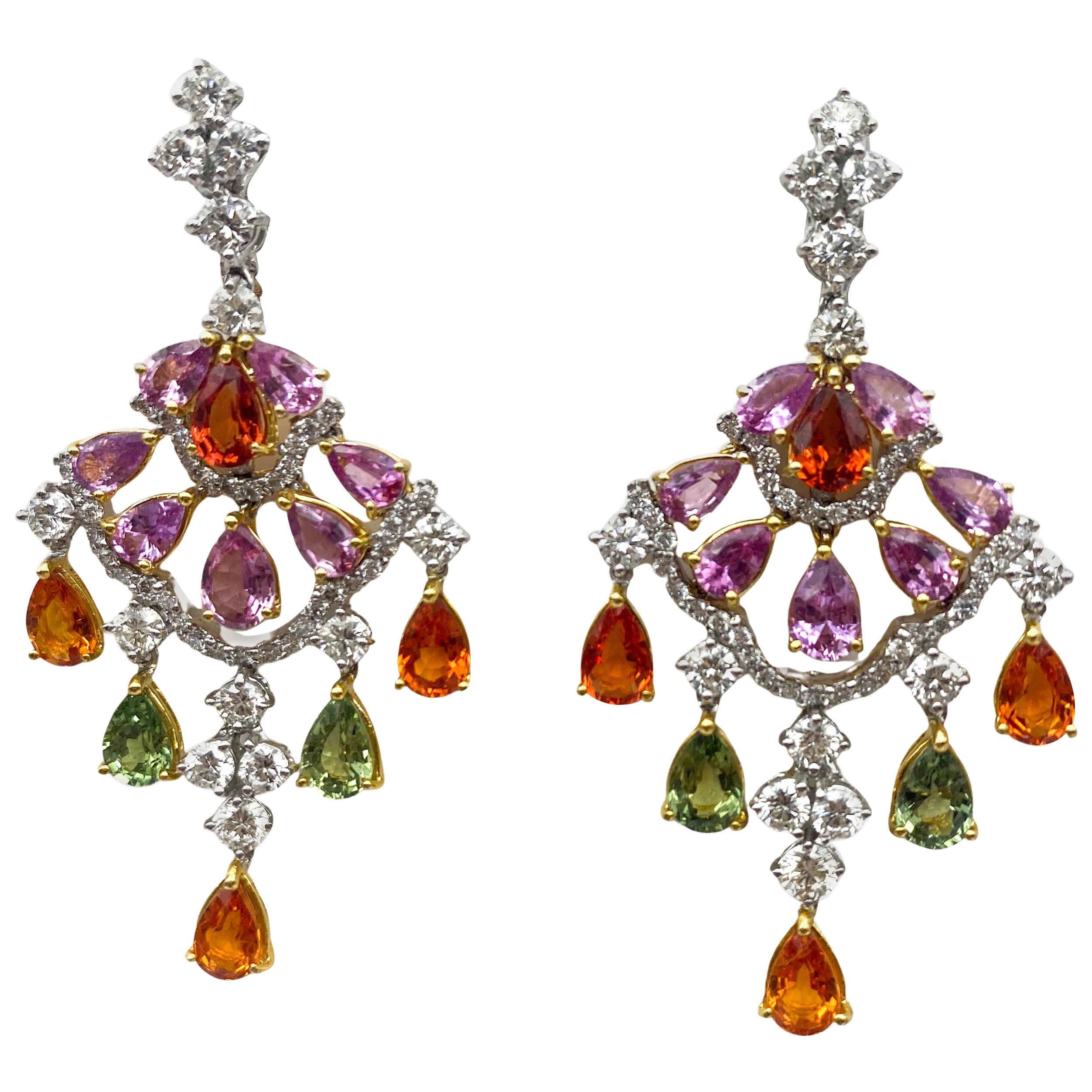 Multicolor Sapphires Earrings 10.50 Carats With Diamonds 3 Carats F/VS 18K Gold