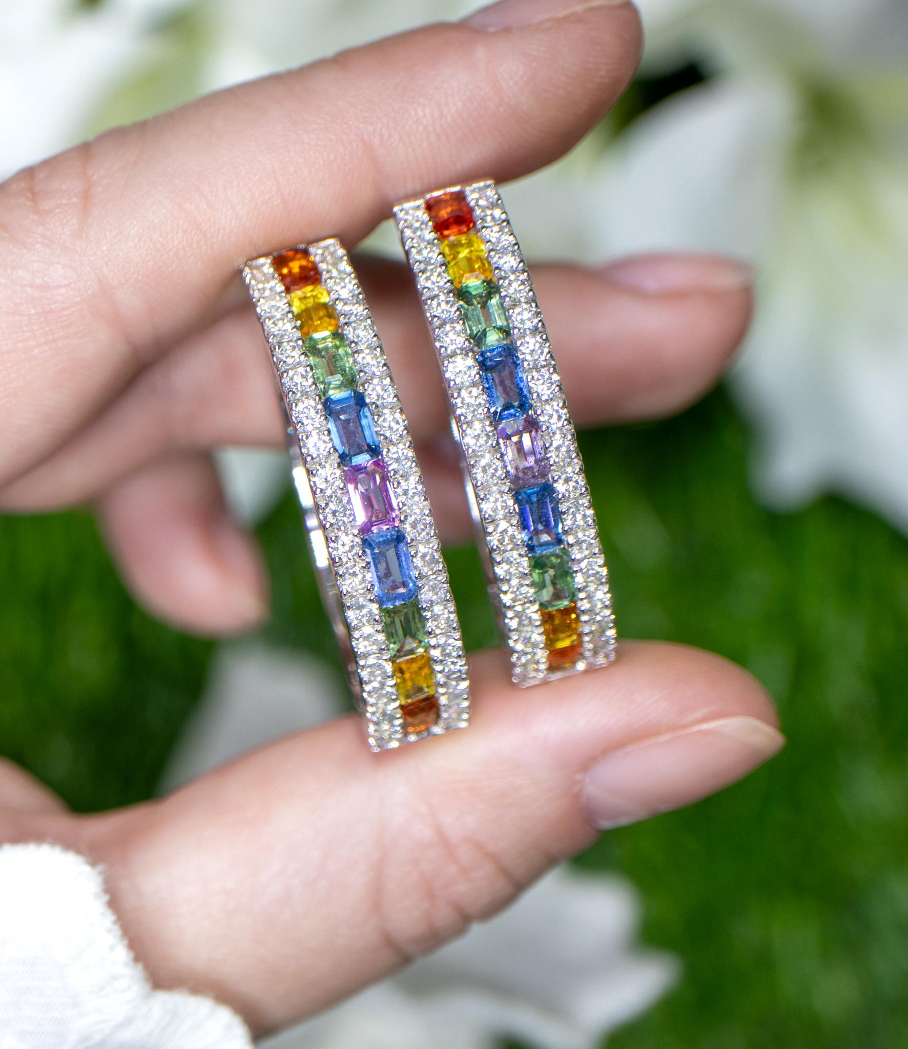 Contemporary Multicolor Sapphires Hoop Earrings With Diamonds 9 Carats 18K Gold For Sale