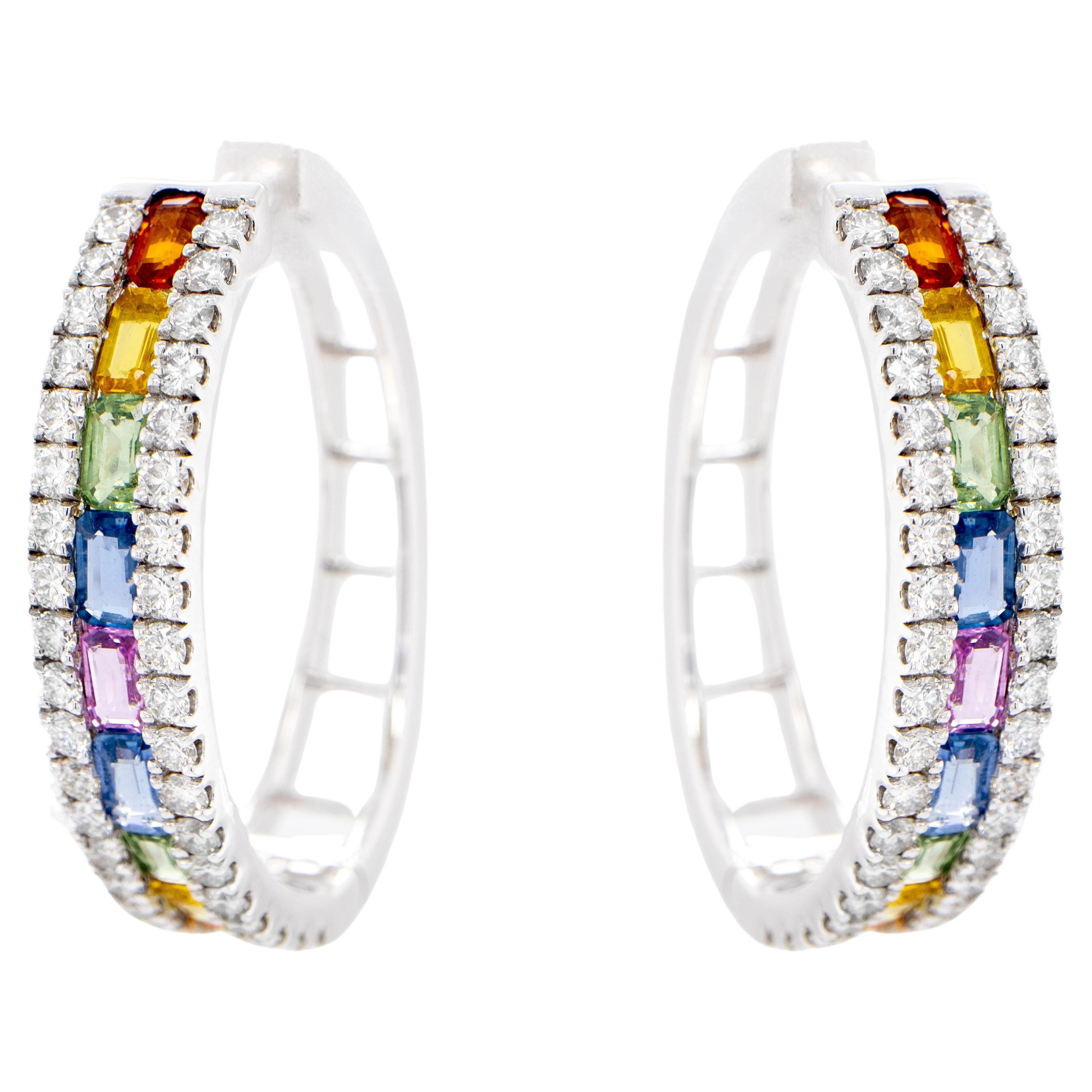 Multicolor Sapphires Hoop Earrings With Diamonds 9 Carats 18K Gold For Sale