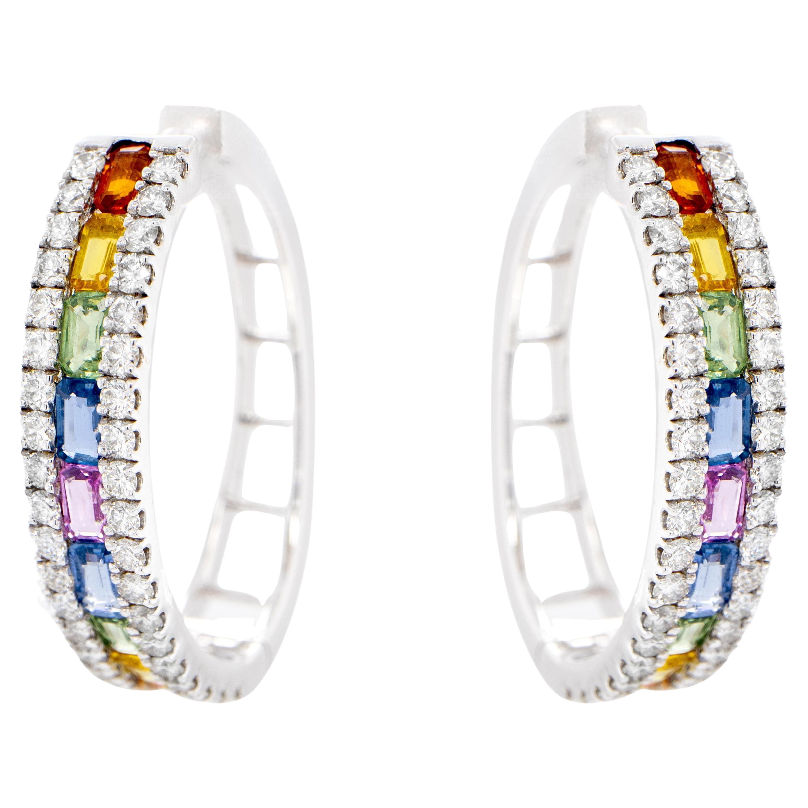 Multicolor Sapphires Hoop Earrings With Diamonds 9 Carats 18K Gold For Sale