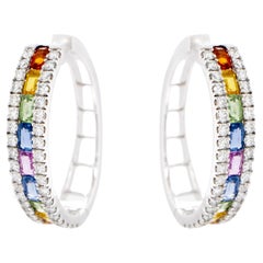 Multicolor Sapphires Hoop Earrings With Diamonds 9 Carats 18K Gold