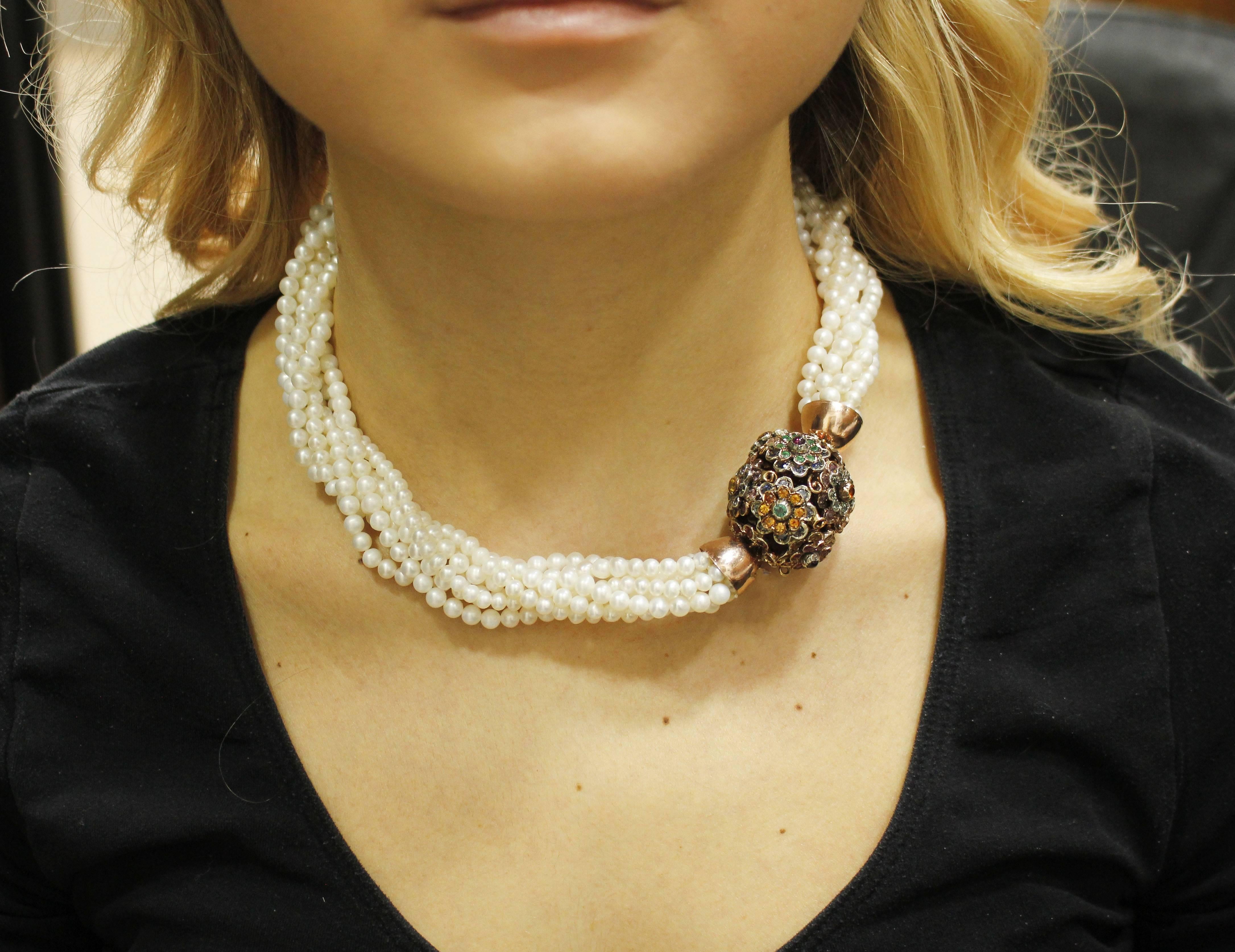  Multicolor Sapphires  Pearls Rose Gold Silver Necklace In Good Condition For Sale In Marcianise, Marcianise (CE)