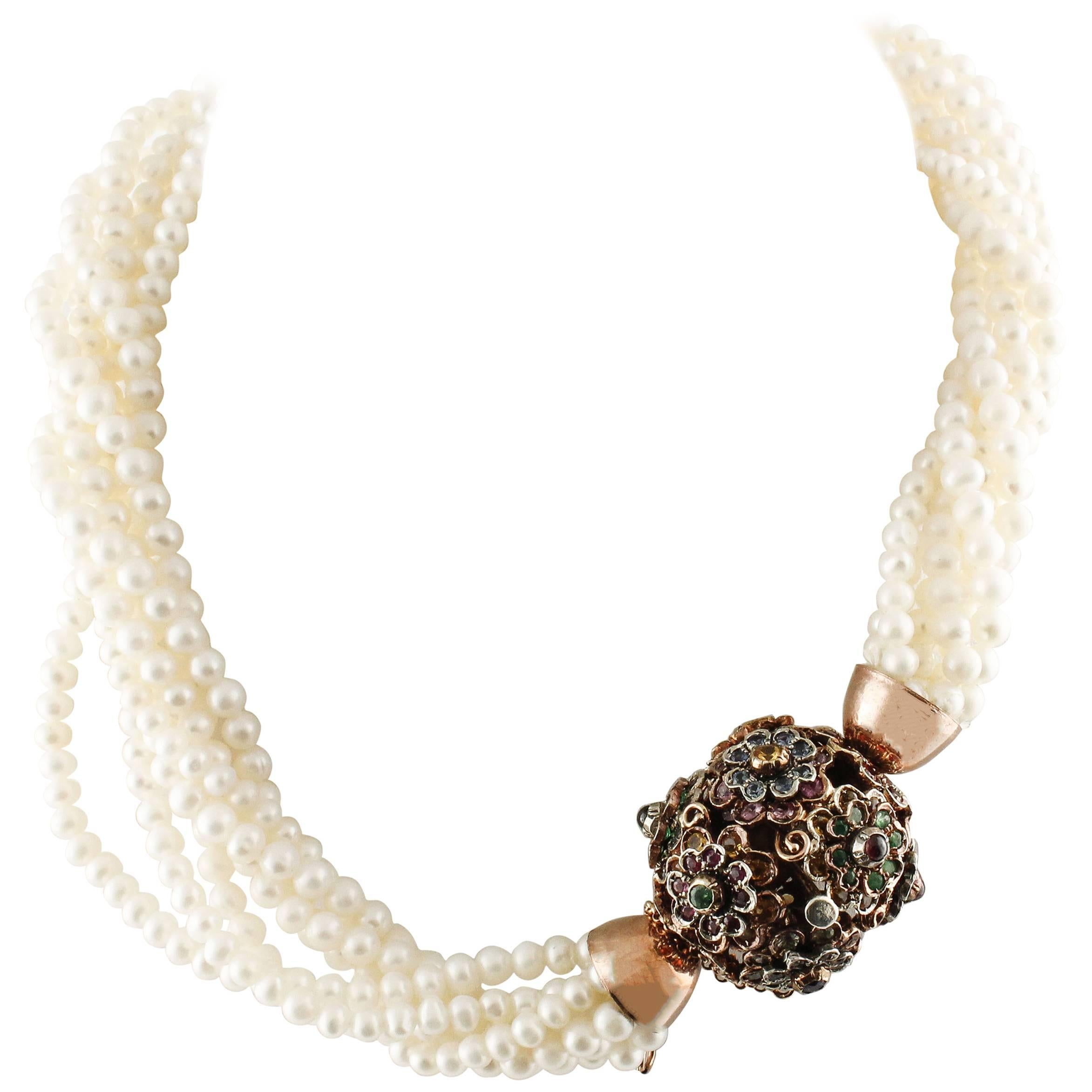  Multicolor Sapphires  Pearls Rose Gold Silver Necklace For Sale