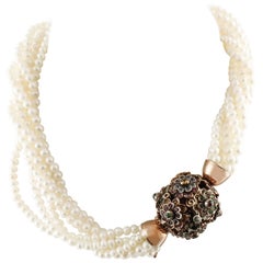 Retro  Multicolor Sapphires  Pearls Rose Gold Silver Necklace