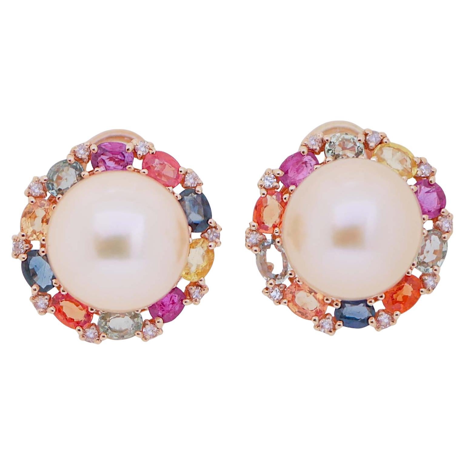 Multicolor Sapphires, Pearls, Rubies, Diamonds, 14 Karat Rose Gold Earrings.