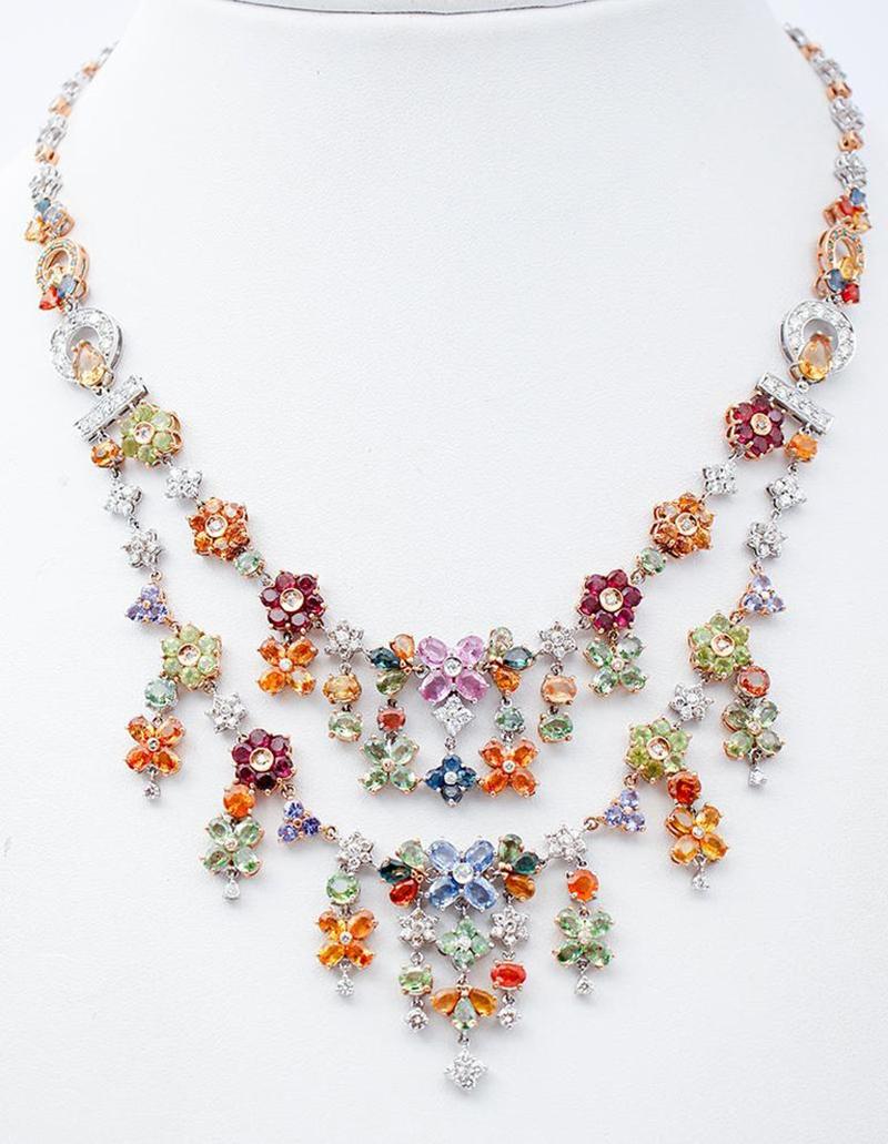 Multicolor Sapphires, Peridots, Tanzanites, Garnets, Diamonds 14kt Gold Necklace For Sale