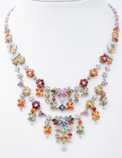 Retro Multicolor Sapphires, Peridots, Tanzanites, Garnets, Diamonds 14kt Gold Necklace