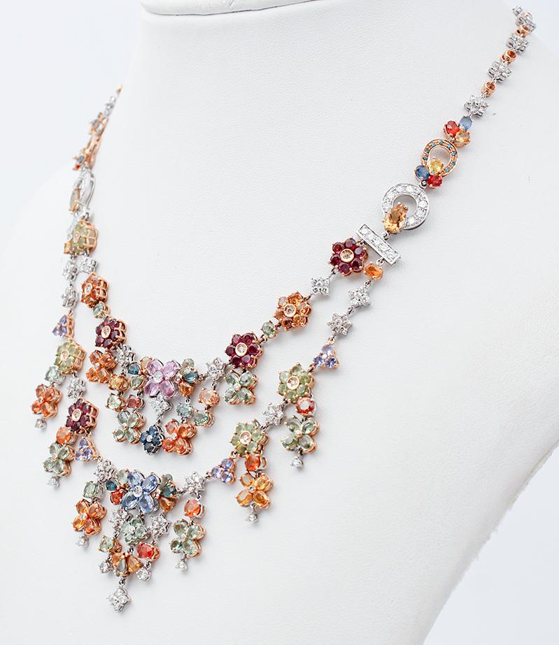 Retro Multicolor Sapphires, Peridots, Tanzanites, Garnets, Diamonds 14kt Gold Necklace For Sale