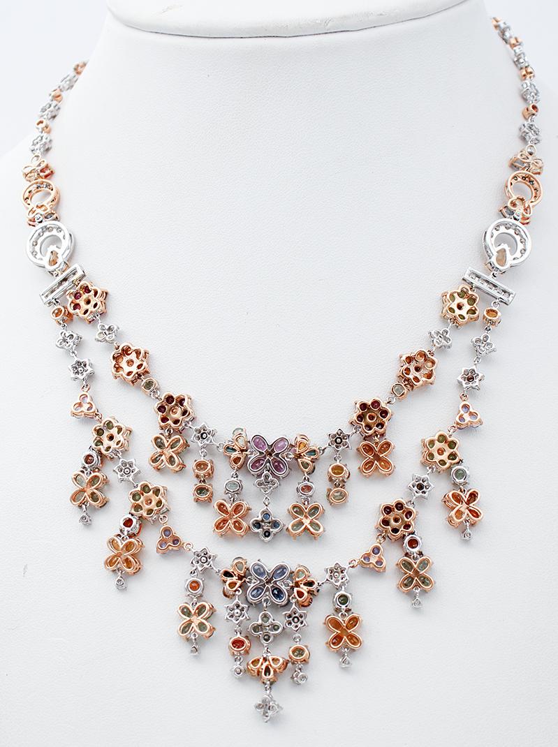 Mixed Cut Multicolor Sapphires, Peridots, Tanzanites, Garnets, Diamonds 14kt Gold Necklace For Sale