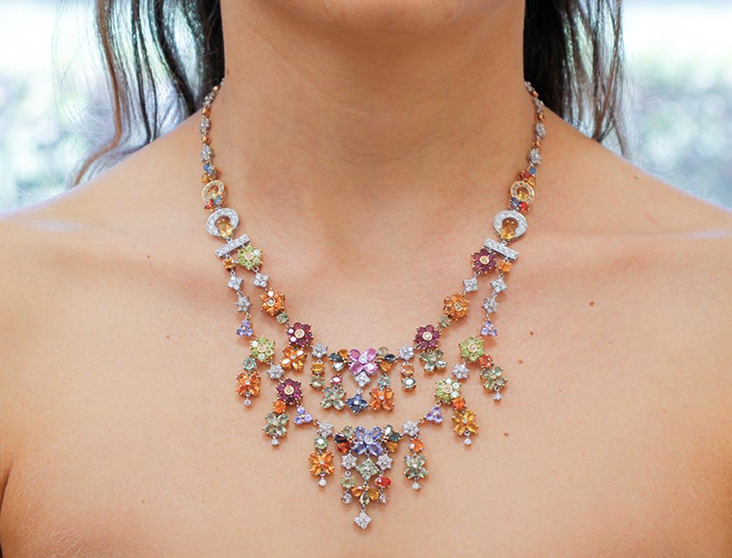 Collier en or 14 carats avec saphirs, péridots, tanzanites, grenats et diamants multicolores Pour femmes en vente