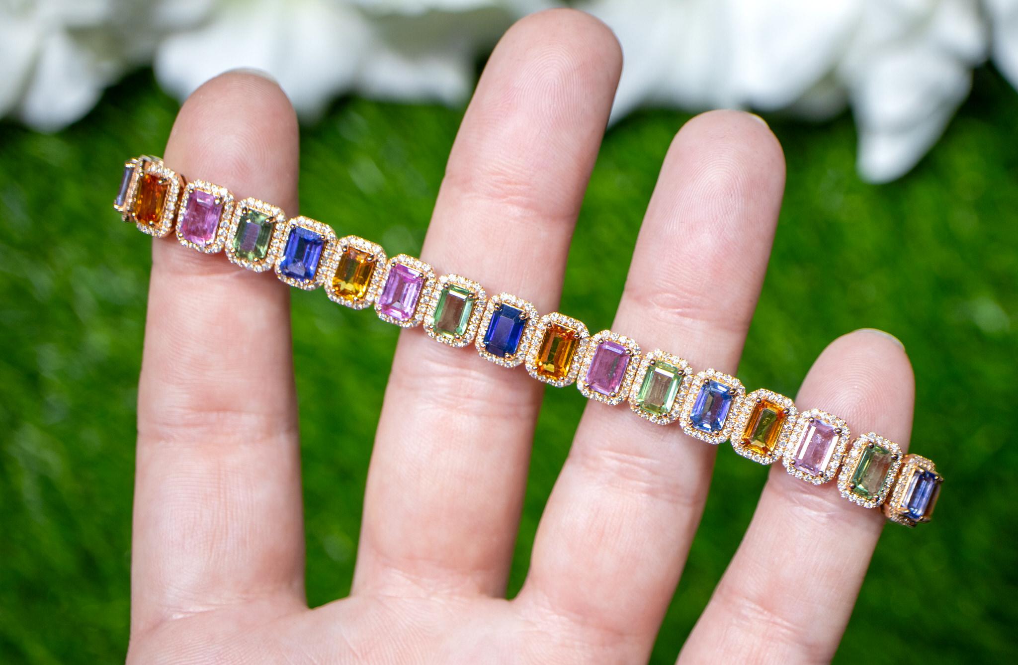 Contemporary Multicolor Sapphires Rainbow Bracelet Diamond Halo 16.5 Carats 18K Rose Gold For Sale
