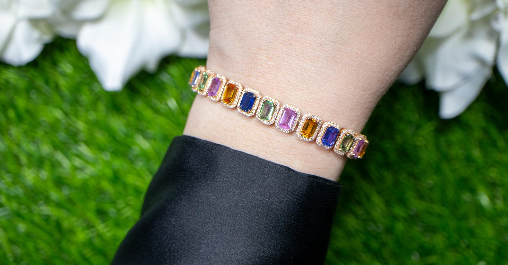 Emerald Cut Multicolor Sapphires Rainbow Bracelet Diamond Halo 16.5 Carats 18K Rose Gold For Sale
