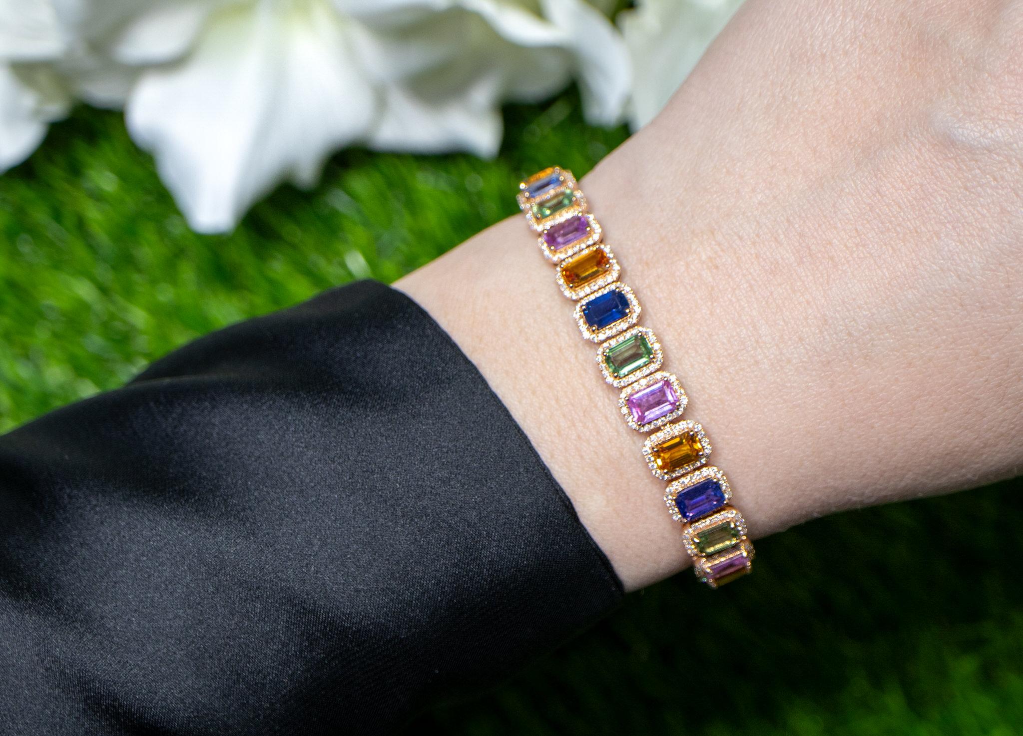 Multicolor Sapphires Rainbow Bracelet Diamond Halo 16.5 Carats 18K Rose Gold In Excellent Condition For Sale In Laguna Niguel, CA