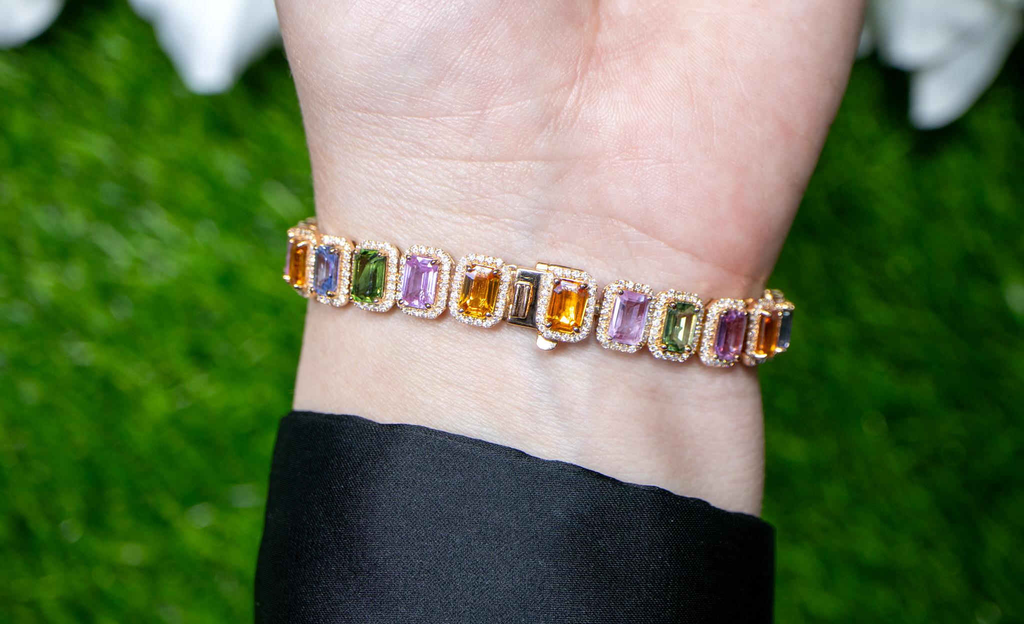 Multicolor Sapphires Rainbow Bracelet Diamond Halo 16.5 Carats 18K Rose Gold For Sale 2