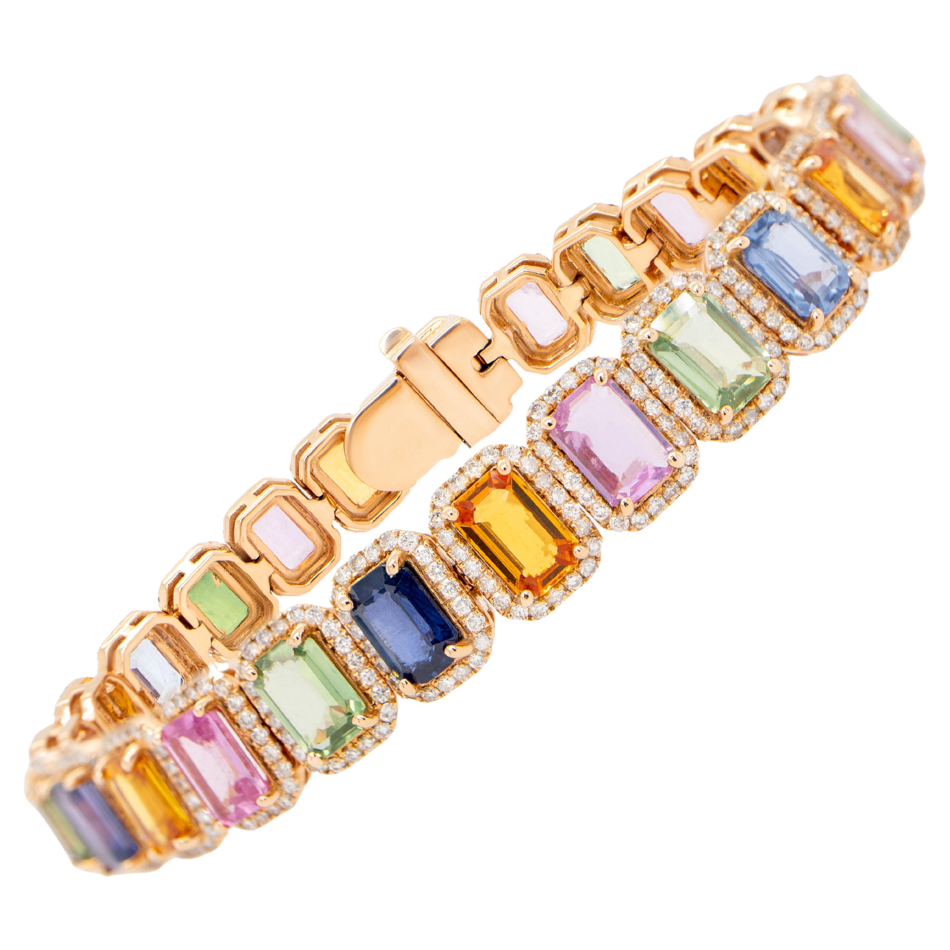 Bracelet arc-en-ciel en or rose 18 carats avec saphirs multicolores et halo de diamants 16,5 carats