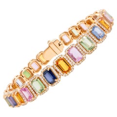Multicolor Sapphires Rainbow Bracelet Diamond Halo 16.5 Carats 18K Rose Gold