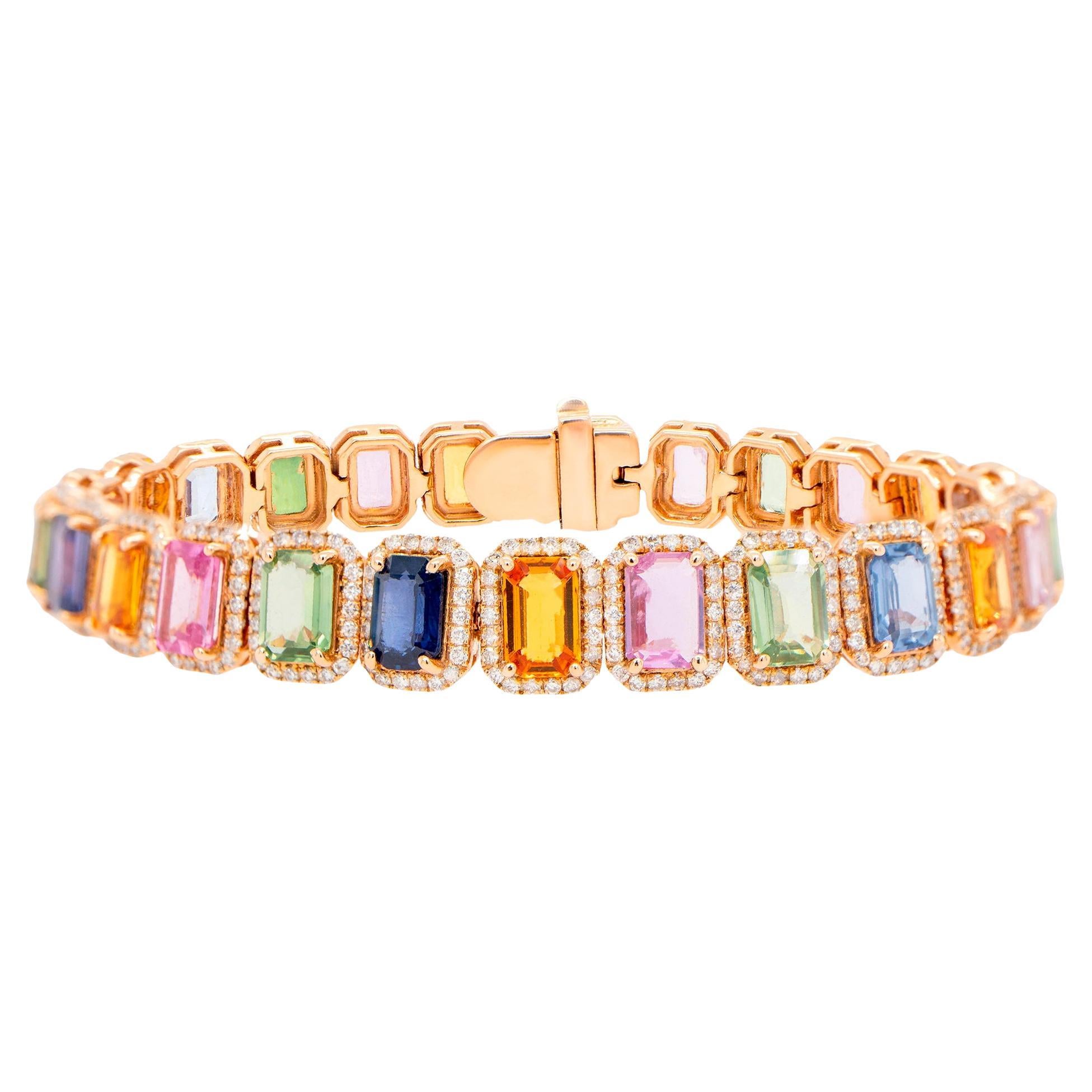 Multicolor Sapphires Rainbow Bracelet Diamond Halo 16.5 Carats 18K Rose Gold For Sale