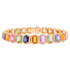 Bracelet arc-en-ciel en or rose 18 carats avec saphirs multicolores et halo de diamants 16,5 carats