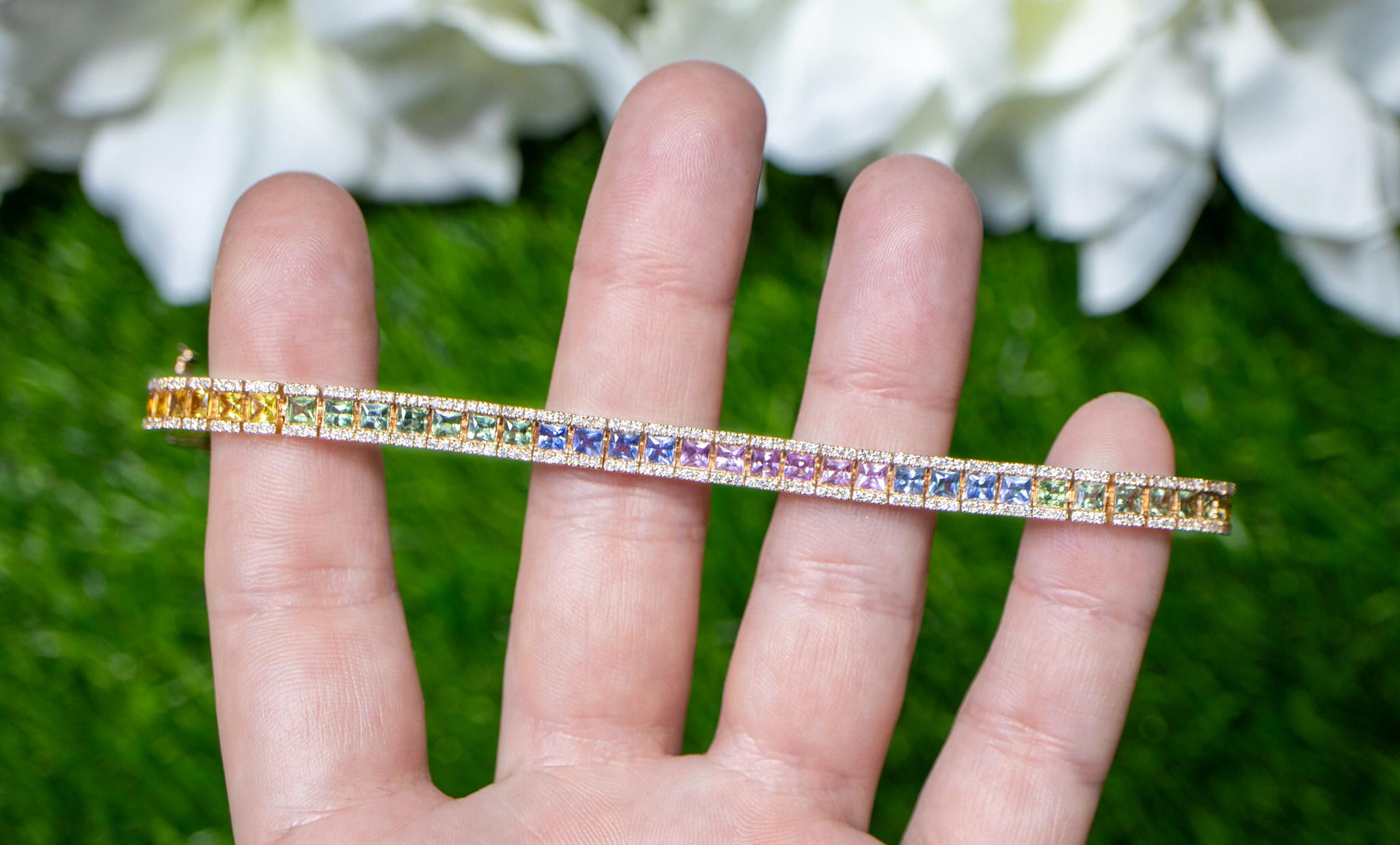 Contemporary Multicolor Sapphires Rainbow Bracelet Diamond Setting 8.9 Carats 18K Rose Gold For Sale