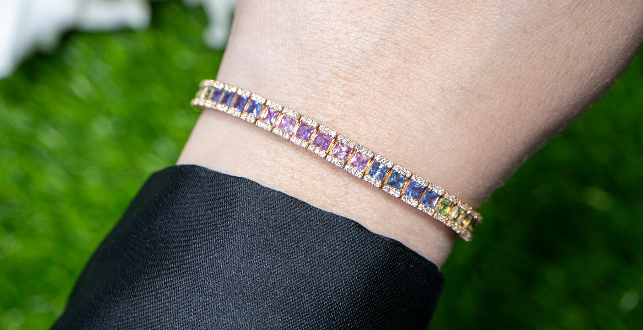 Square Cut Multicolor Sapphires Rainbow Bracelet Diamond Setting 8.9 Carats 18K Rose Gold For Sale