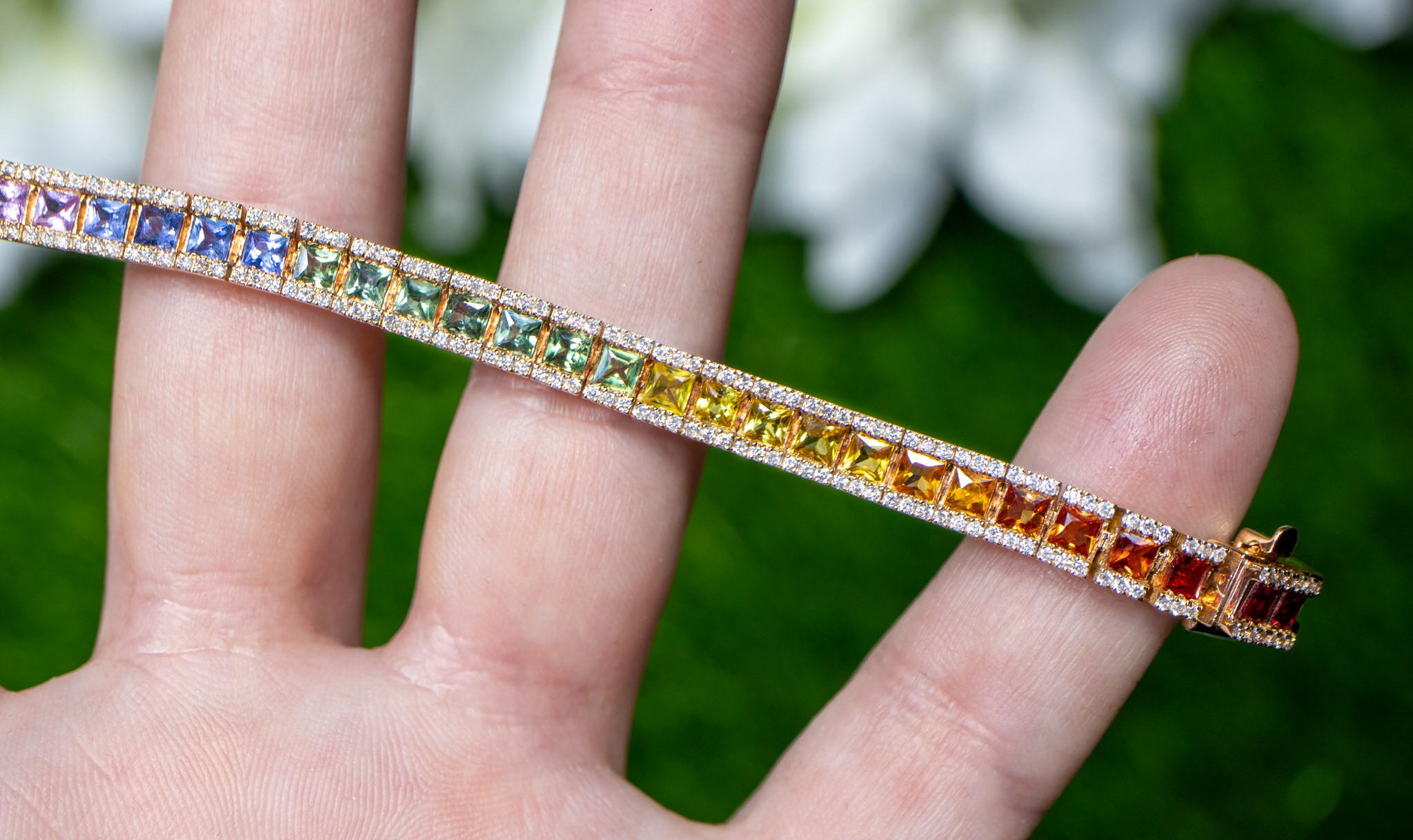 Multicolor Sapphires Rainbow Bracelet Diamond Setting 8.9 Carats 18K Rose Gold In Excellent Condition For Sale In Laguna Niguel, CA