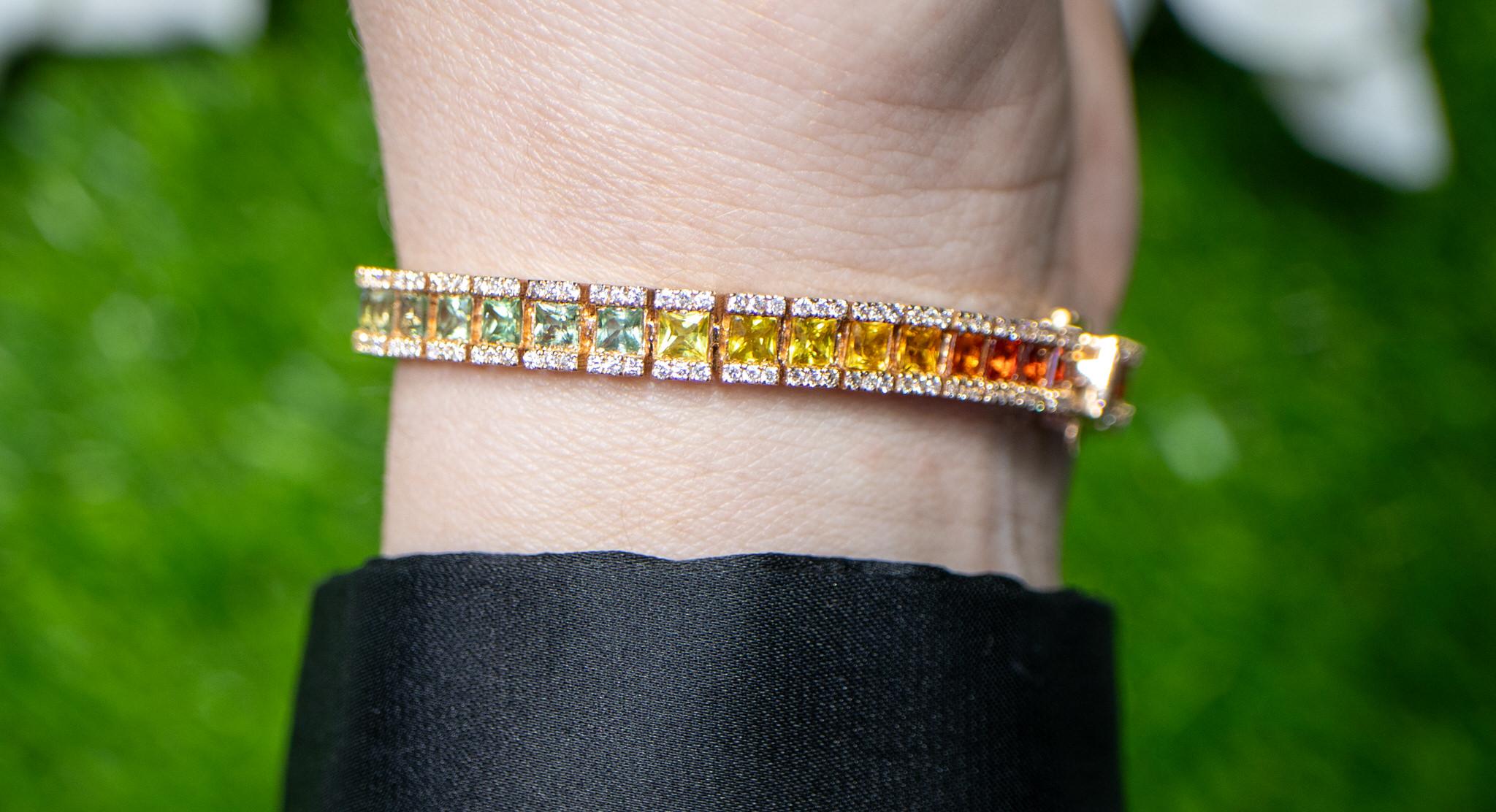 Multicolor Sapphires Rainbow Bracelet Diamond Setting 8.9 Carats 18K Rose Gold For Sale 1