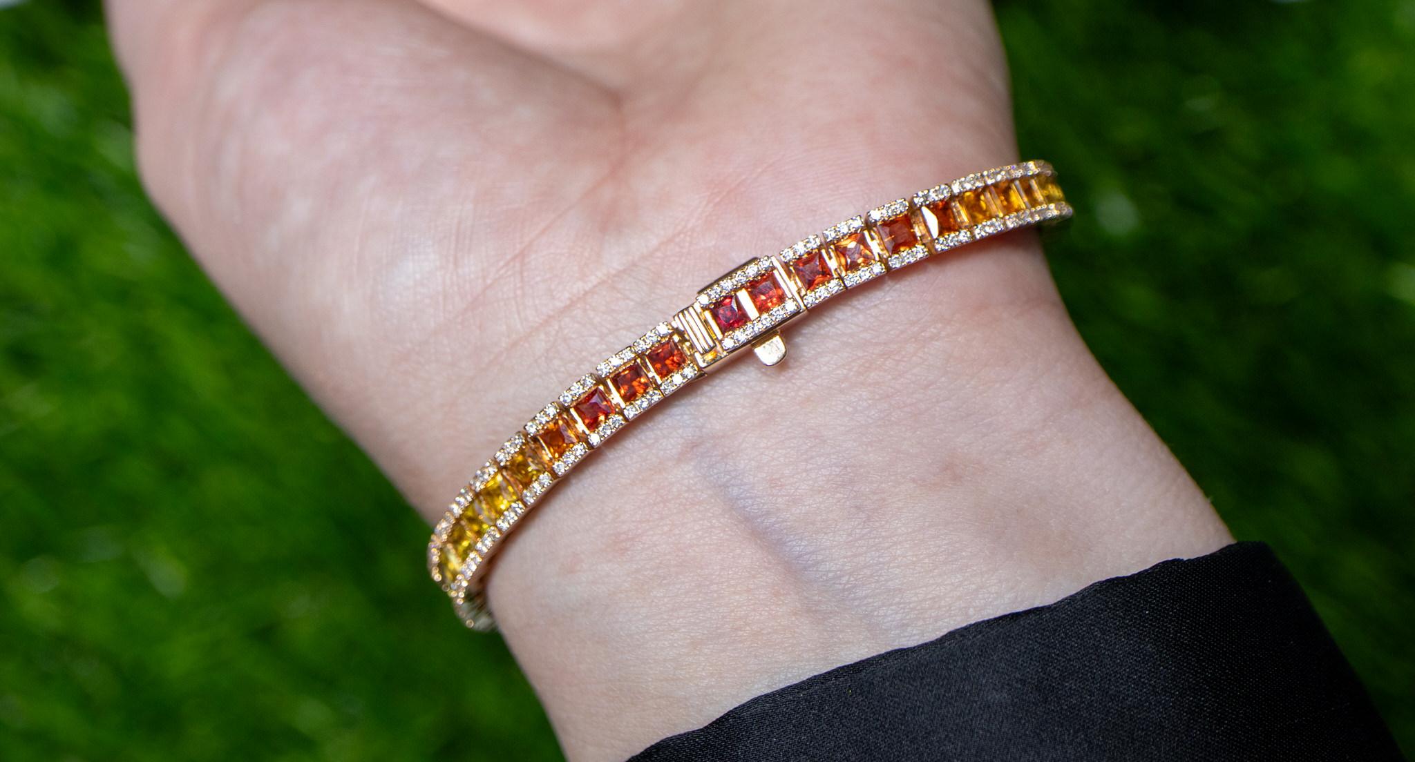 Multicolor Sapphires Rainbow Bracelet Diamond Setting 8.9 Carats 18K Rose Gold For Sale 2