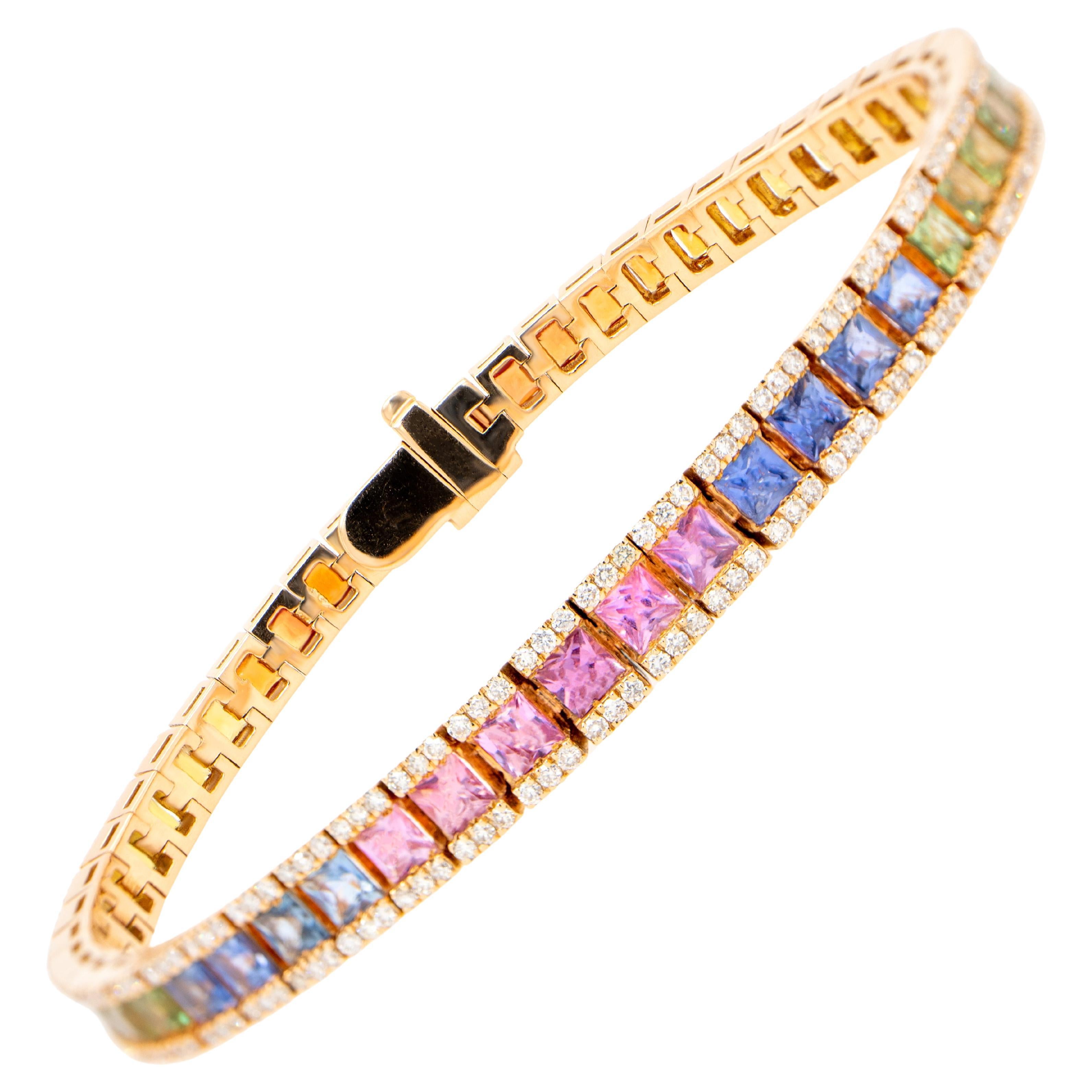 Multicolor Sapphires Rainbow Bracelet Diamond Setting 8.9 Carats 18K Rose Gold For Sale