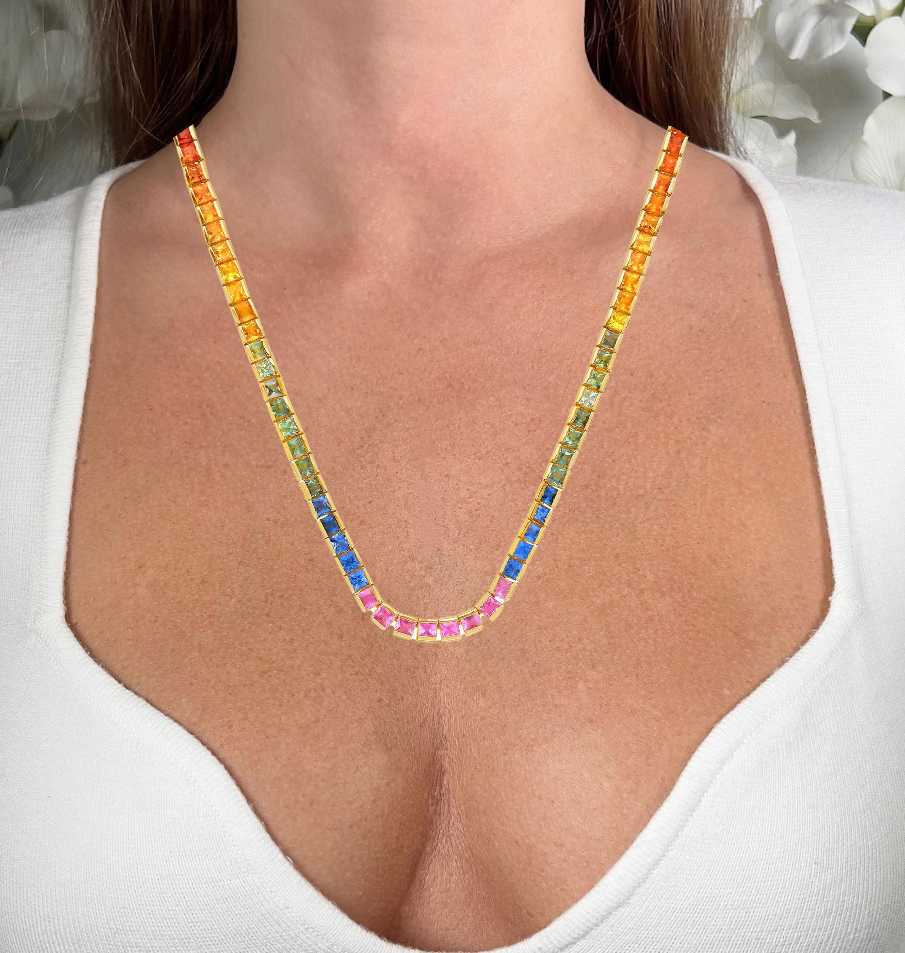 It comes with the Gemological Appraisal by GIA GG/AJP
All Gemstones are Natural
130 Multicolor Sapphires = 19.45 Carats
Cut: Princess
Metal: 14K Yellow Gold
Necklace Length: 18 Inches
