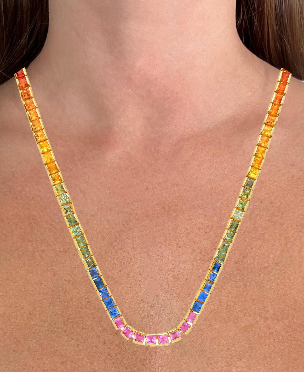 Contemporary Multicolor Sapphires Rainbow Necklace 19.45 Carats 14K Yellow Gold For Sale
