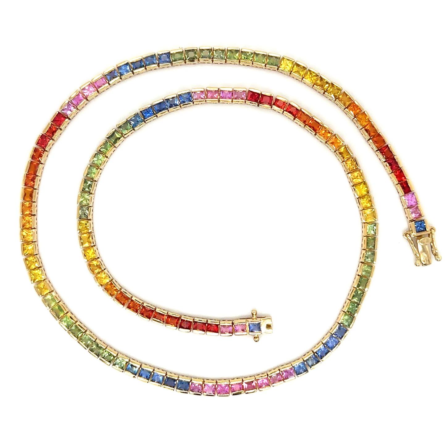 Radiant Cut Multicolor Sapphires Rainbow Necklace 19.45 Carats 14K Yellow Gold For Sale