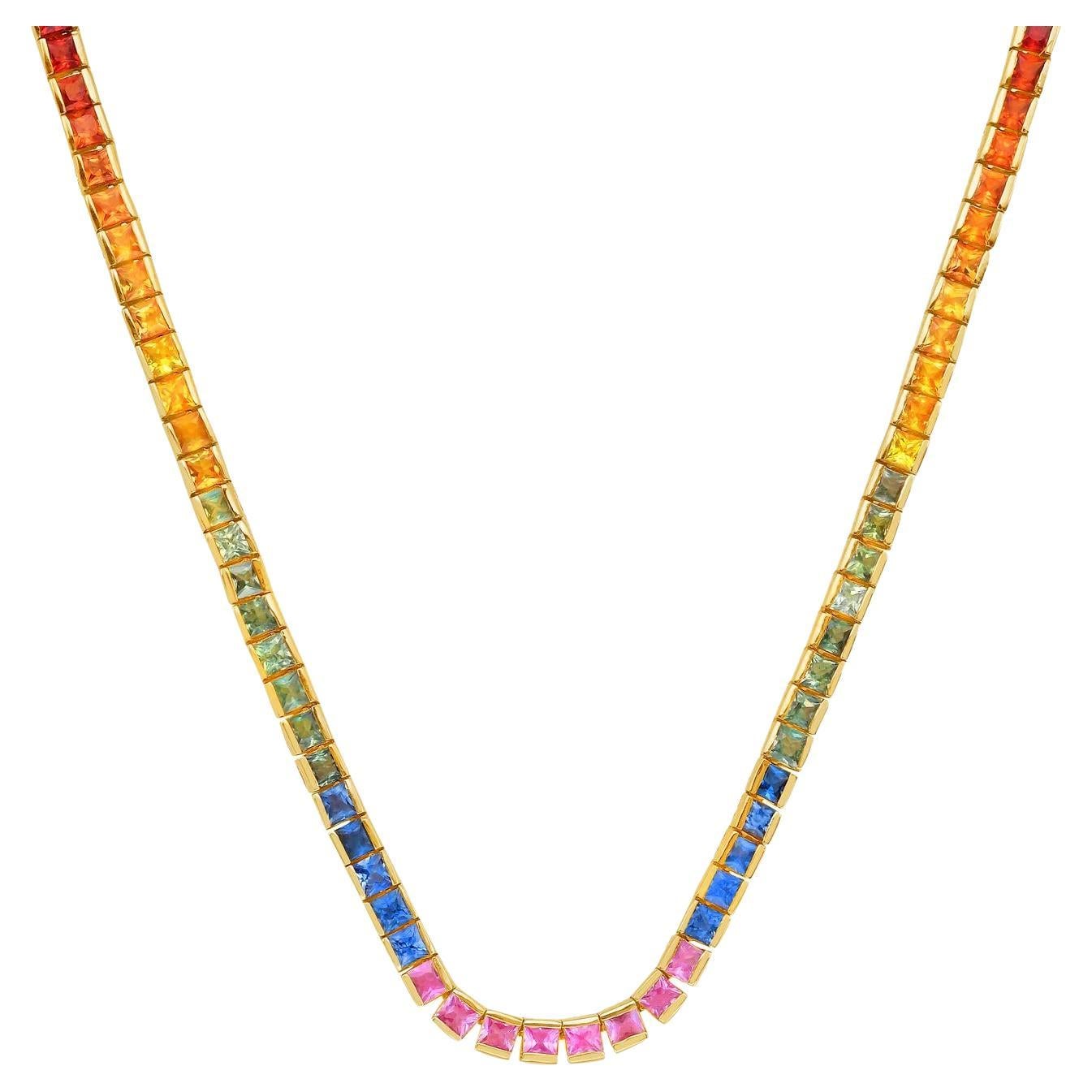 Multicolor Sapphires Rainbow Necklace 19.45 Carats 14K Yellow Gold