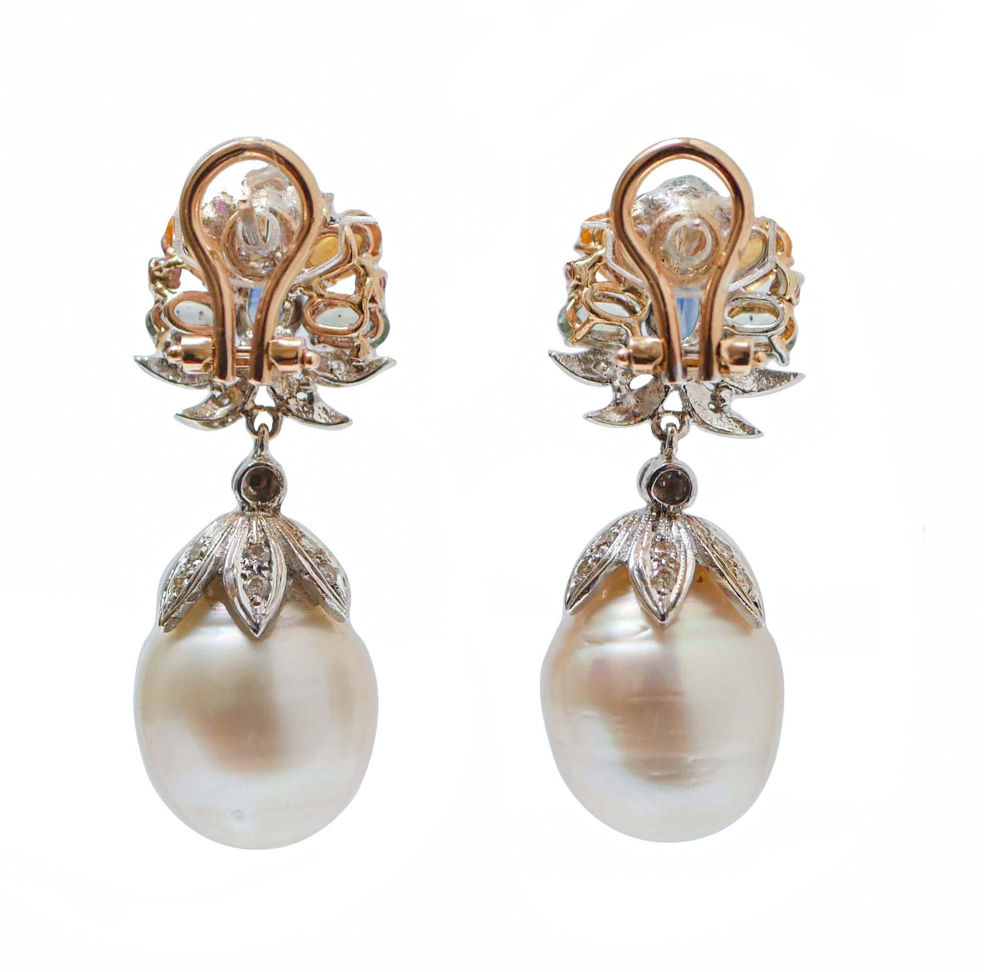Rétro Boucles d'oreilles en or rose et blanc 14 carats, saphirs multicolores, rubis, diamants, perles en vente