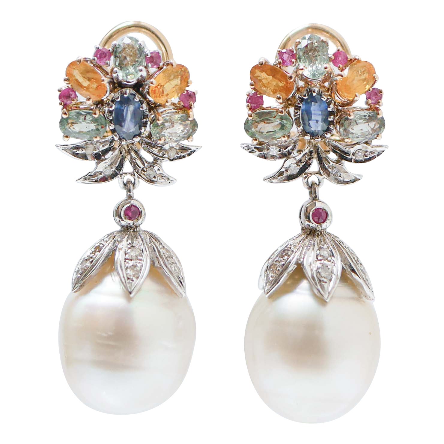 Pendiente Zafiros Multicolor, Rubíes, Diamantes, Perlas, Oro Rosa y Blanco 14Kt