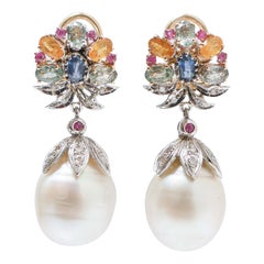 Boucles d'oreilles en or rose et blanc 14 carats, saphirs multicolores, rubis, diamants, perles