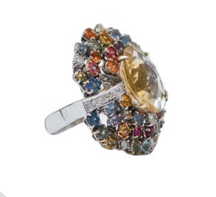 Multicolor Sapphires, Topaz, Diamonds, 14 Karat White Gold Ring.