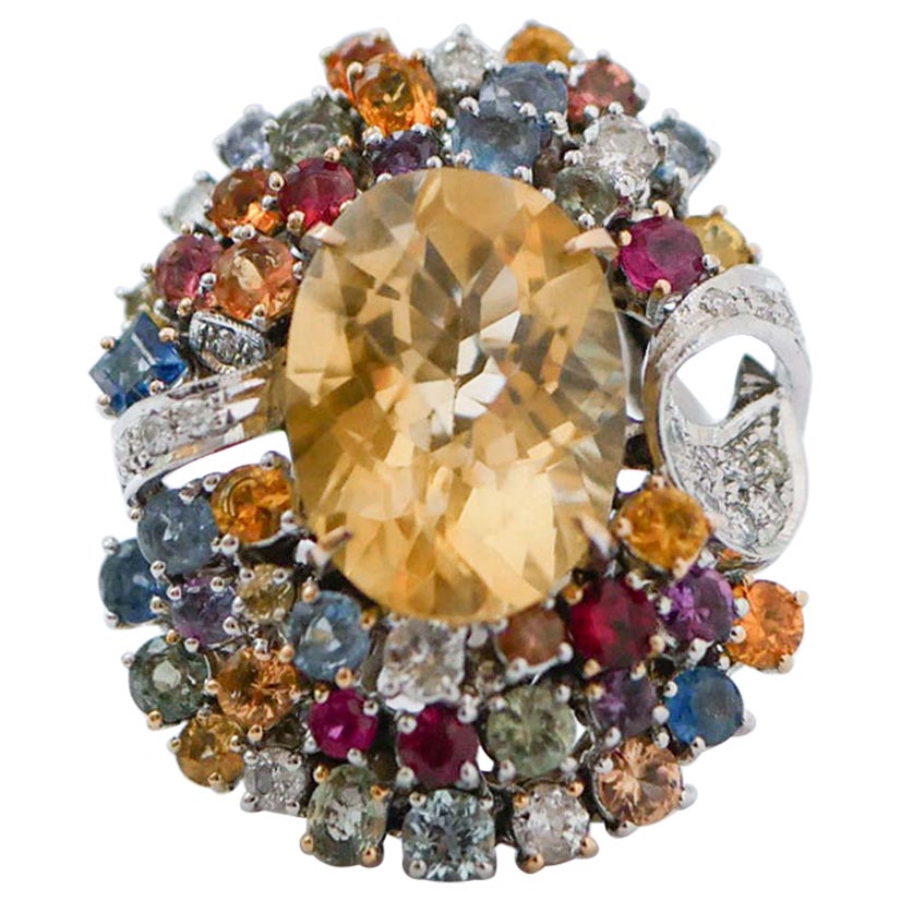 Multicolor Saphiren, Topas, Diamanten, 14 Karat Weißgold Ring.