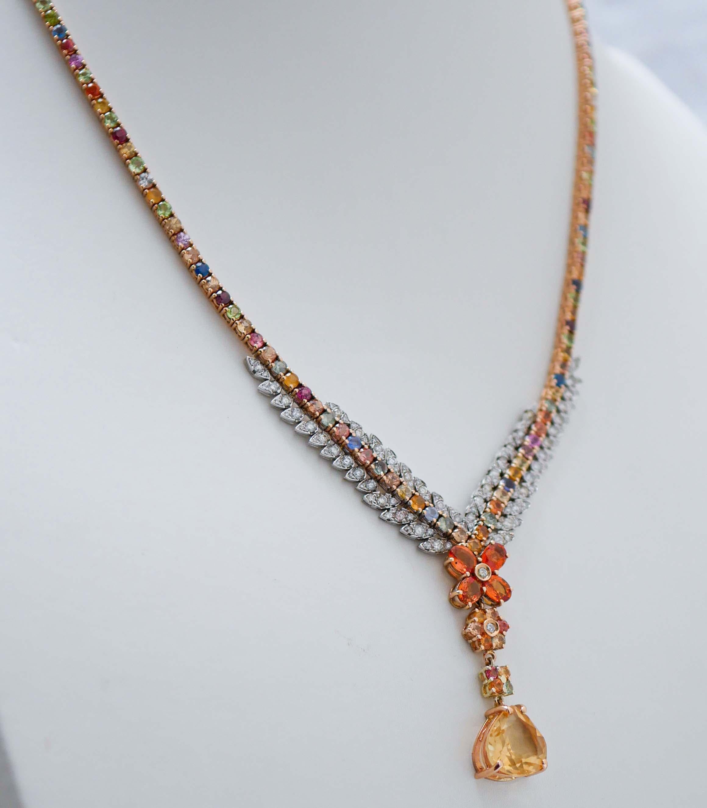 Retro Multicolor Sapphires, Topazs, Diamonds, 14 Kt Rose Gold and White Gold Necklace For Sale