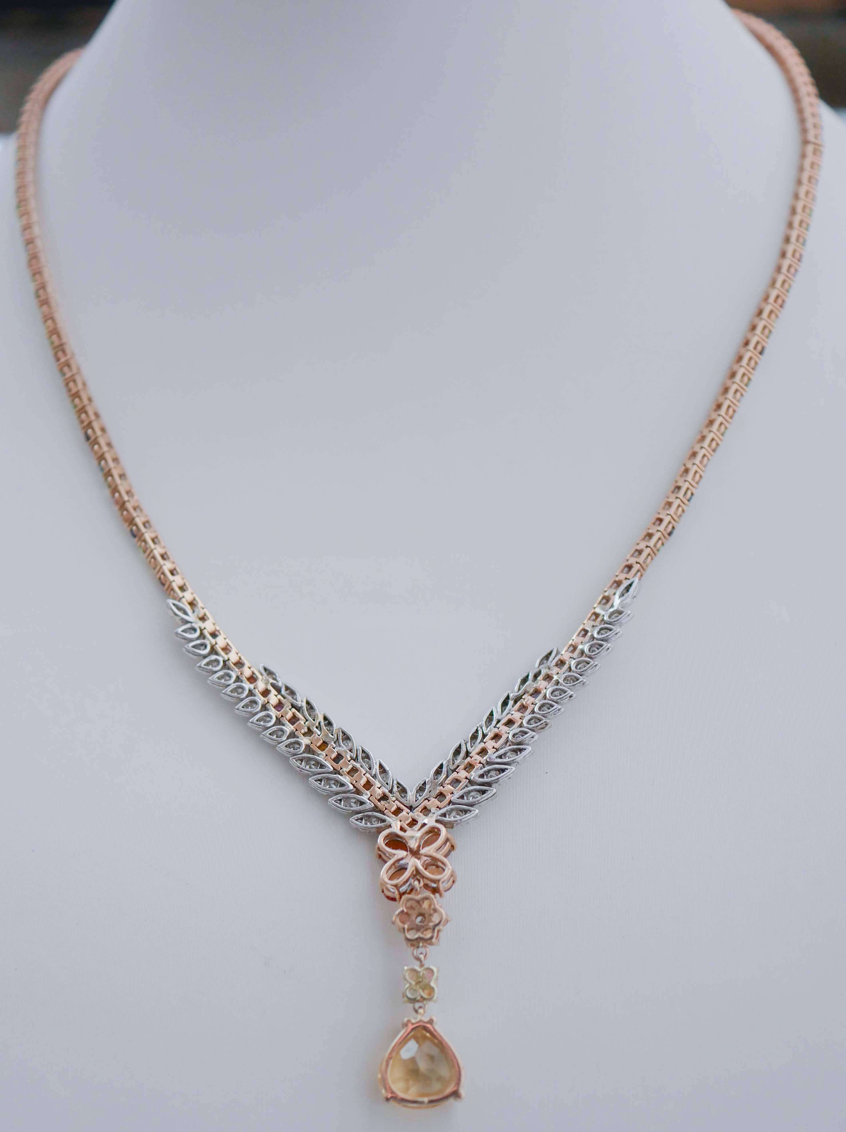 Mixed Cut Multicolor Sapphires, Topazs, Diamonds, 14 Kt Rose Gold and White Gold Necklace For Sale